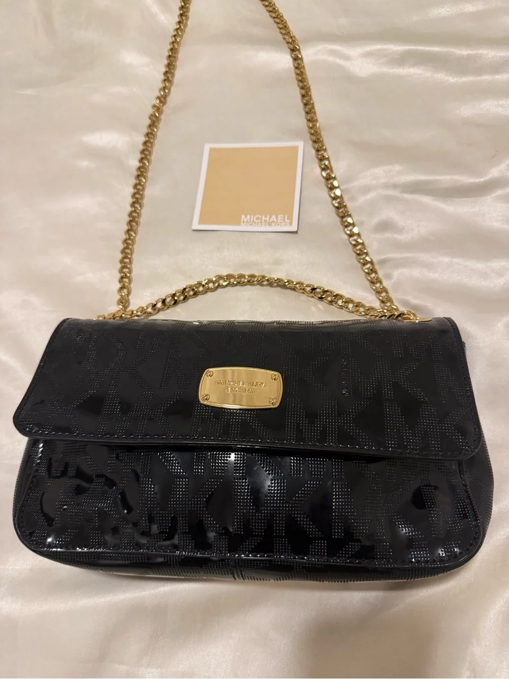 Michael Kors Black Patent Shoulder Bag with Gold Chain